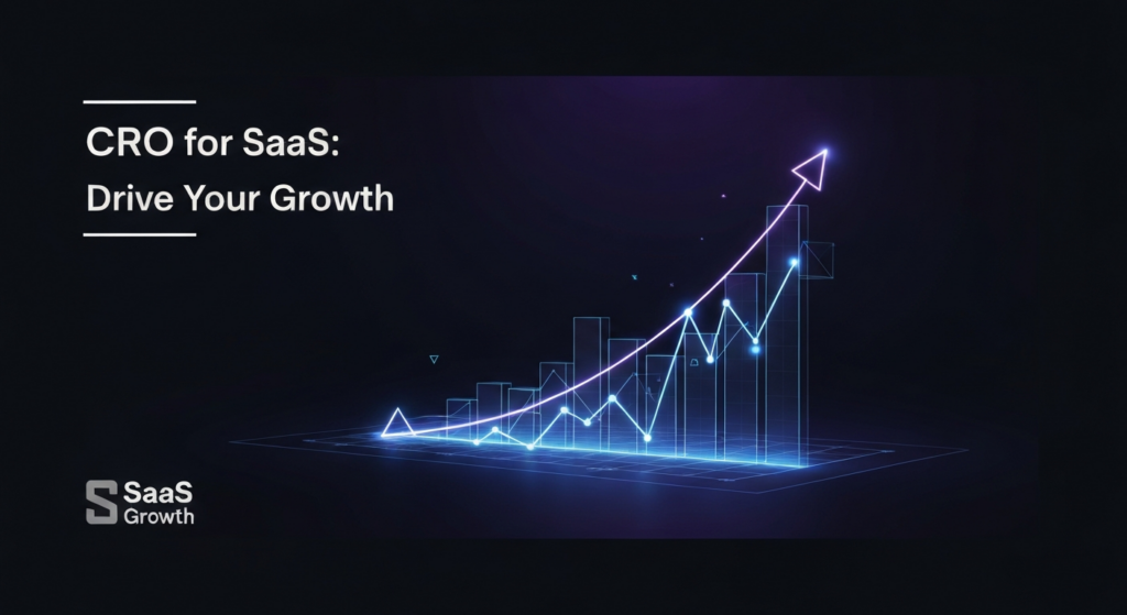 An abstract, dark-themed digital illustration showing a glowing upward-trending growth graph with subtle geometric elements, representing SaaS Conversion Rate Optimization. The design features modern tech aesthetics with neon blue and purple accents against a deep gradient background. A text overlay reads 'CRO for SaaS: Drive Your Growth', and a subtle 'SaaS Growth' logo is in the bottom-left corner.