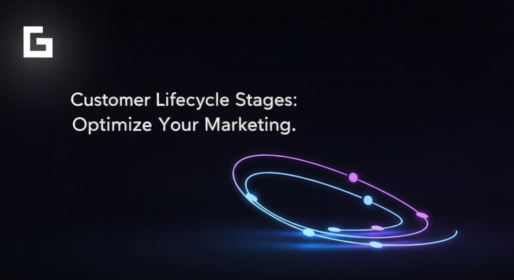A dark-themed, modern illustration for 'Customer Lifecycle Stages: Optimize Your Marketing'. The wide banner image features a glowing, abstract path with five distinct nodes representing the customer lifecycle stages, set against a deep gradient background with cinematic neon and blue accents. A subtle website logo is in the top-left corner.