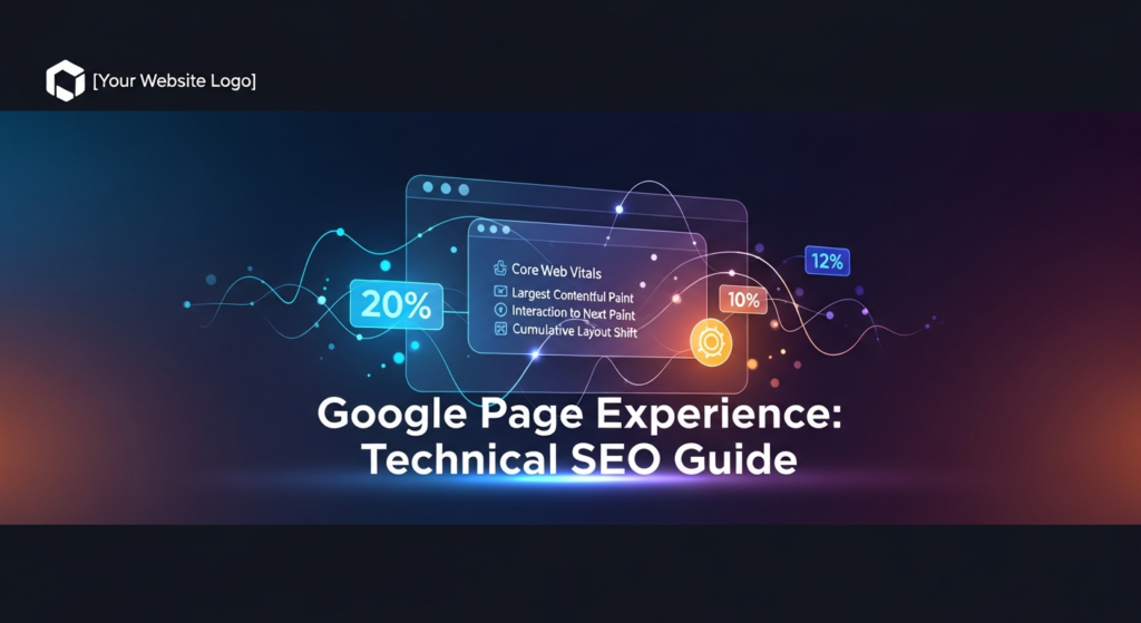 An abstract, dark-themed digital illustration showing glowing data points and lines analyzing a minimalist web page. The image represents technical SEO optimization for Google Page Experience and Core Web Vitals, with text 'Google Page Experience: Technical SEO Guide'.
