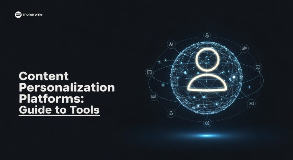 A dark themed wide banner image for a blog post about content personalization platforms. It features a central, abstract, glowing data sphere representing a personalized user profile, connected by illuminated lines to smaller orbiting nodes symbolizing various content personalization tools. The background is a deep dark gradient with cinematic lighting and soft neon glow accents. The text 'Content Personalization Platforms: Guide to Tools' is overlaid in a modern glowing sans-serif font, and a subtle website logo is in the top-left corner.