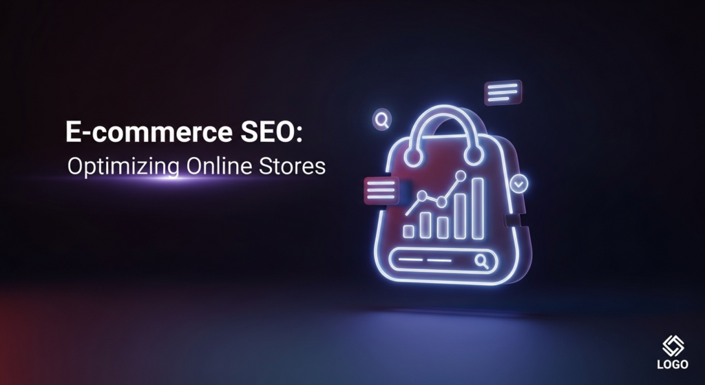 A dark, wide banner image featuring a glowing, minimalist 3D icon representing e-commerce and SEO optimization. The central icon, stylized as a shopping bag or cart, is integrated with abstract, ascending data charts and subtle search elements, illuminated by neon and soft glow accents against a deep gradient background. Overlay text reads 'E-commerce SEO: Optimizing Online Stores'. A subtle website logo is in the bottom-right corner.