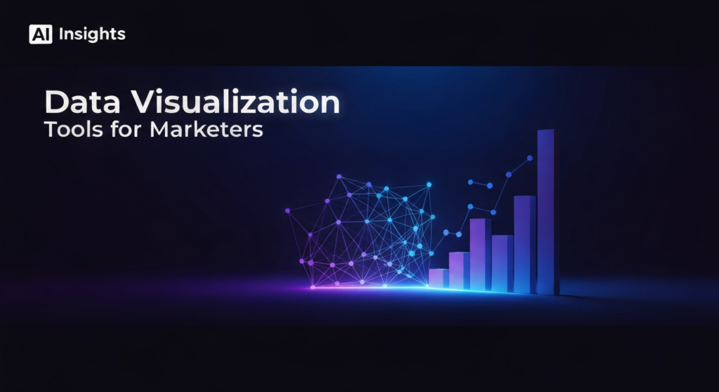 A dark-themed wide banner image featuring a glowing, abstract 3D data visualization in the center, illustrating complex data transforming into a clear, elegant bar chart with neon blue and purple highlights. The image includes cinematic lighting and a dark gradient background. Text overlay reads 'Data Visualization Tools for Marketers' in a modern sans-serif font. A subtle 'AI Insights' logo is in the top-left corner.