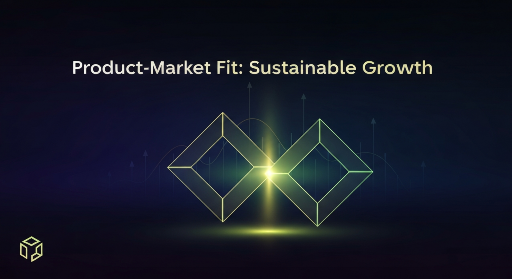Abstract illustration of two perfectly interlocked, glowing geometric shapes, symbolizing product-market fit, radiating lines of growth on a dark, gradient background. Text overlay reads 'Product-Market Fit: Sustainable Growth'. A subtle brand logo is in the bottom-left corner.