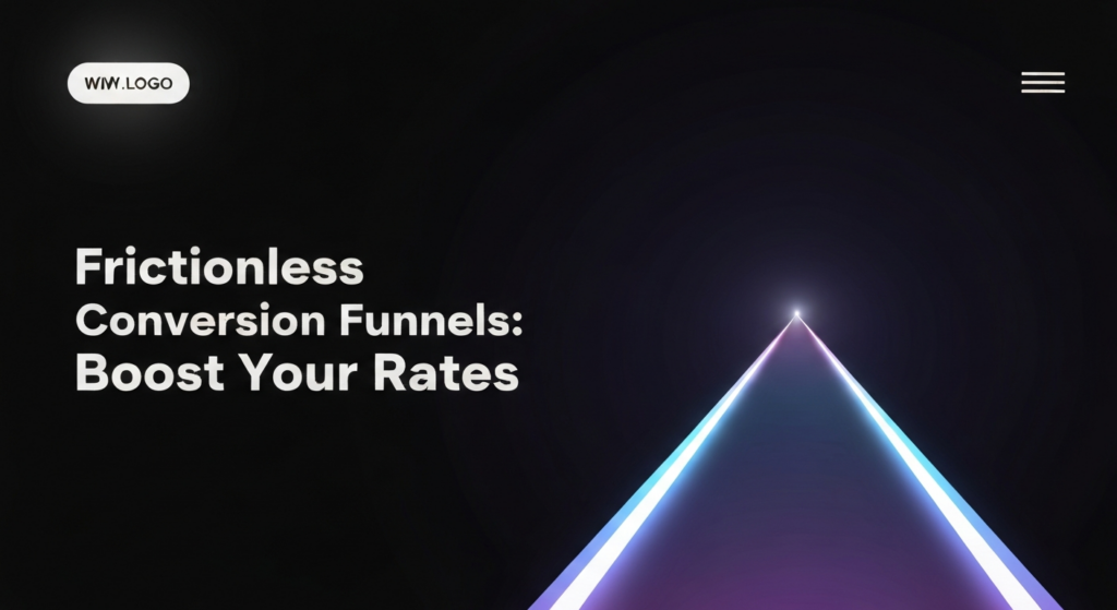 A dark-themed banner image for a blog post. It features a sleek, glowing, minimalist pathway or conduit, illuminated with soft blue and purple neon light, symbolizing a frictionless conversion funnel and a smooth user journey. The path narrows towards a bright endpoint against a deep, dark gradient background. The text 'Frictionless Conversion Funnels: Boost Your Rates' glows softly in a modern sans-serif font. A subtle monochrome website logo is in the top-left corner. The image has a modern tech illustration style with cinematic, high-contrast lighting and clean negative space.