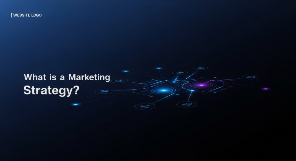 A dark, modern digital illustration featuring a glowing, interconnected marketing strategy roadmap on a deep gradient background. Bright blue and purple light accents highlight the strategic path. The text 'What is a Marketing Strategy?' glows in the center, with a subtle website logo in the top-left corner. The image is minimal and professional, designed for a dark-mode website.