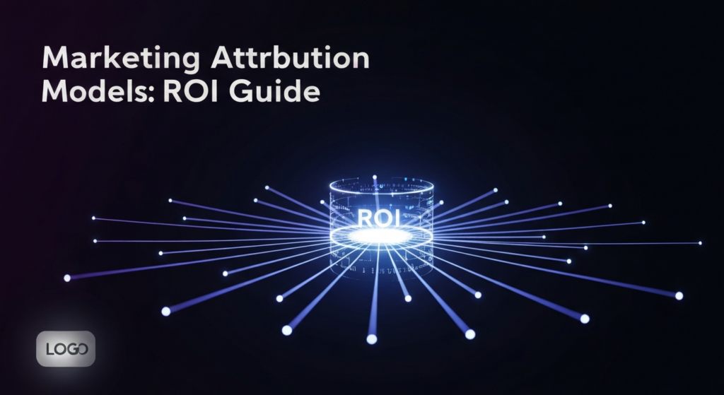 A dark, futuristic digital illustration showing multiple glowing data streams converging into a central, illuminated graph representing marketing ROI, with the text 'Marketing Attribution Models: ROI Guide' and a subtle website logo in the corner.