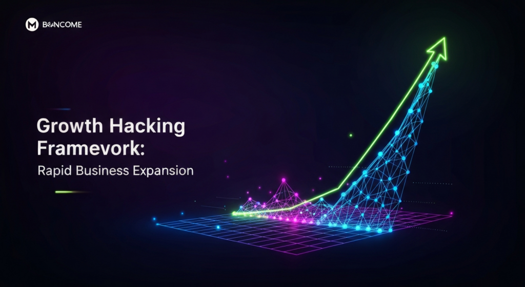 A dynamic 3D growth graph or interconnected data network with vibrant neon lines and soft glowing accents on a dark, gradient background. The graph forms a sharp upward trajectory, symbolizing rapid business expansion. Overlayed text reads 'Growth Hacking Framework: Rapid Business Expansion'. A subtle brand logo is in the top-left corner.