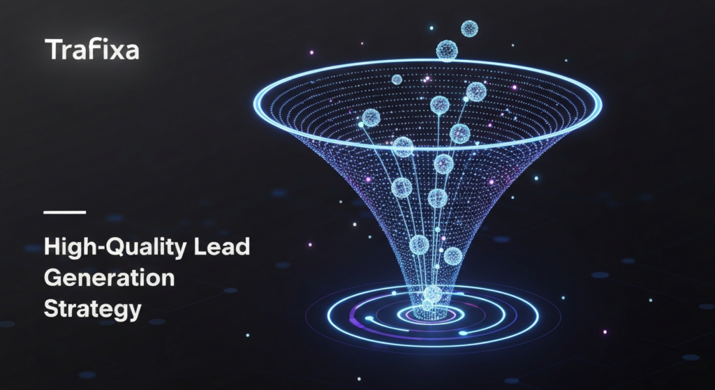 A dark, high-contrast digital illustration for a blog featured image. It shows a glowing, abstract neon blue and purple funnel or pathway made of interconnected data lines, guiding small, luminous spheres representing leads. The background is a dark gradient with faint digital network patterns. The text 'High-Quality Lead Generation Strategy' glows subtly, and the 'Traffixa' logo is in the top-left corner.