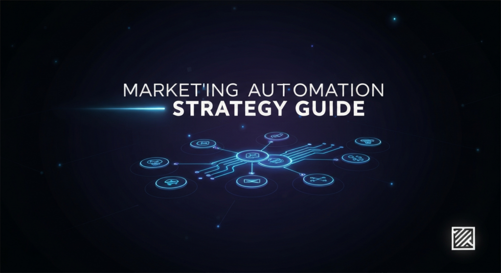 A dark-themed, wide banner image featuring an abstract, glowing digital marketing automation workflow diagram with interconnected nodes and data streams in neon blue and purple. The prominent text overlay reads 'Marketing Automation Strategy Guide' in a modern sans-serif font, with a subtle glowing effect. A subtle website logo is placed in the bottom-right corner.