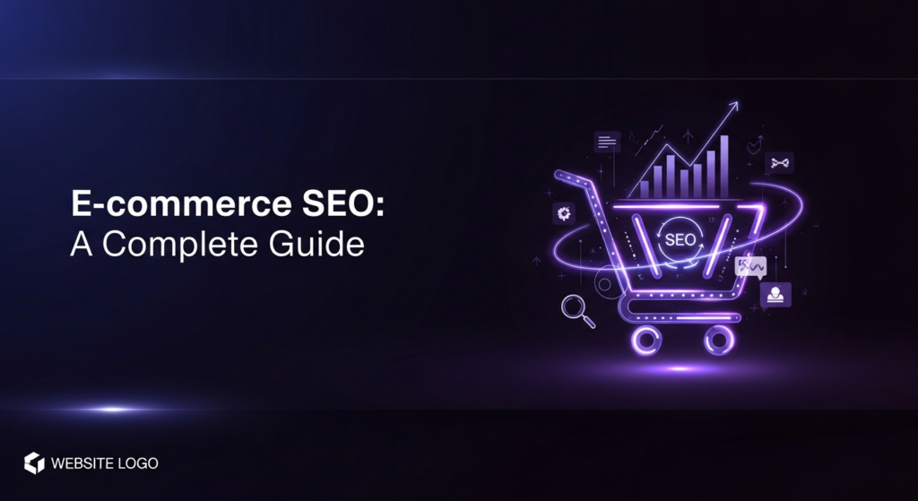 A dark, wide banner image featuring a glowing, futuristic shopping cart with integrated SEO elements like an upward graph and magnifying glass, set against a deep gradient background with cinematic lighting. The text 'E-commerce SEO: A Complete Guide' is overlaid in a modern glowing font, and a subtle website logo is in the bottom-left corner.