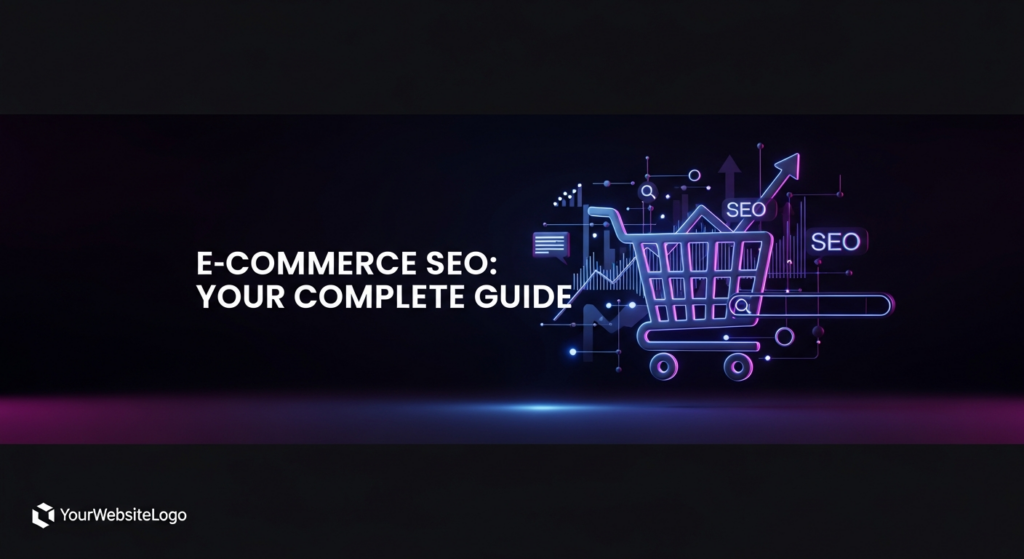 A dark-themed wide banner image for e-commerce SEO. A glowing, minimalist shopping cart icon is centrally featured, integrated with abstract digital SEO elements like search bar outlines and data flow lines in blue and purple neon. The text 'E-commerce SEO: Your Complete Guide' glows softly below, and a subtle website logo is in the bottom-left corner.