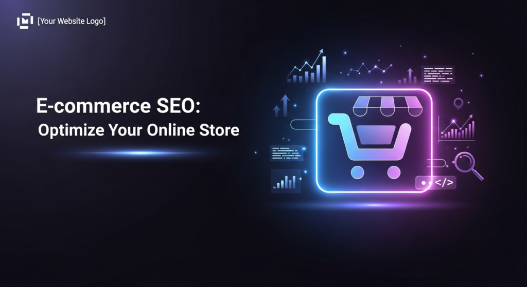A dark-themed, wide banner image for an e-commerce SEO guide. It features a central, glowing abstract shopping cart icon surrounded by subtle digital elements like data graphs and a magnifying glass, representing optimization for online stores. The image has cinematic lighting with neon blue and purple glow accents. Overlay text reads 'E-commerce SEO: Optimize Your Online Store'. A monochrome website logo is subtly placed in the top-left corner.