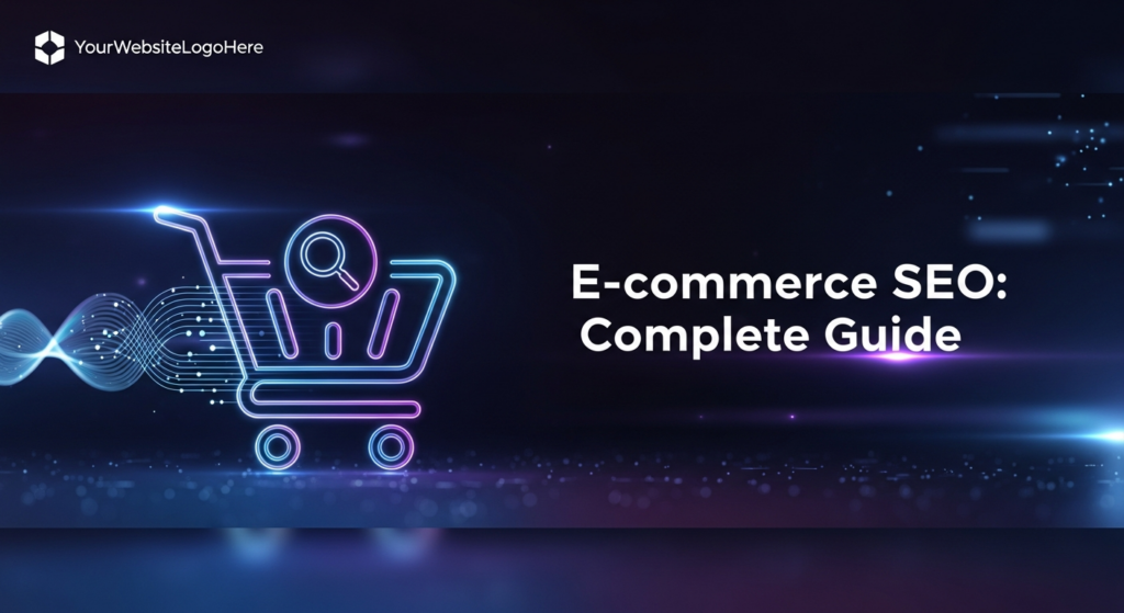 A dark, modern featured image for a blog post on E-commerce SEO. It displays a minimalist shopping cart icon, glowing with neon blue and purple light, integrated with abstract data lines and a subtle magnifying glass, all against a deep gradient background. A text overlay reads 'E-commerce SEO: Complete Guide'. A subtle logo is placed in the top-left corner.