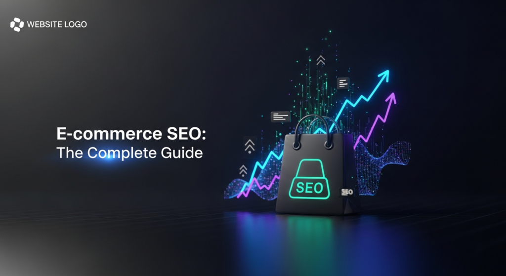 A dark-themed digital illustration for an e-commerce SEO guide. A sleek, glowing shopping bag icon is at the center, surrounded by abstract neon blue and purple data streams and upward-trending graphs, symbolizing online store growth and SEO optimization. The image features cinematic lighting, high contrast, a modern, professional look, with the text 'E-commerce SEO: The Complete Guide' and a subtle logo.