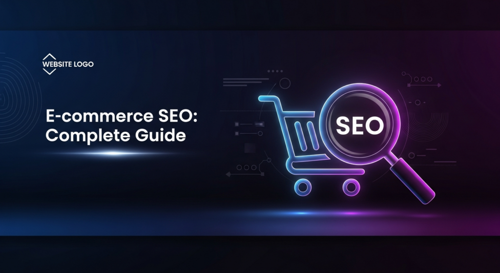 A dark-themed, modern illustration combining a glowing shopping cart icon with a magnifying glass, symbolizing e-commerce SEO. The image uses cinematic lighting with neon glow accents against a dark gradient background and features the text 'E-commerce SEO: Complete Guide' with a subtle website logo.
