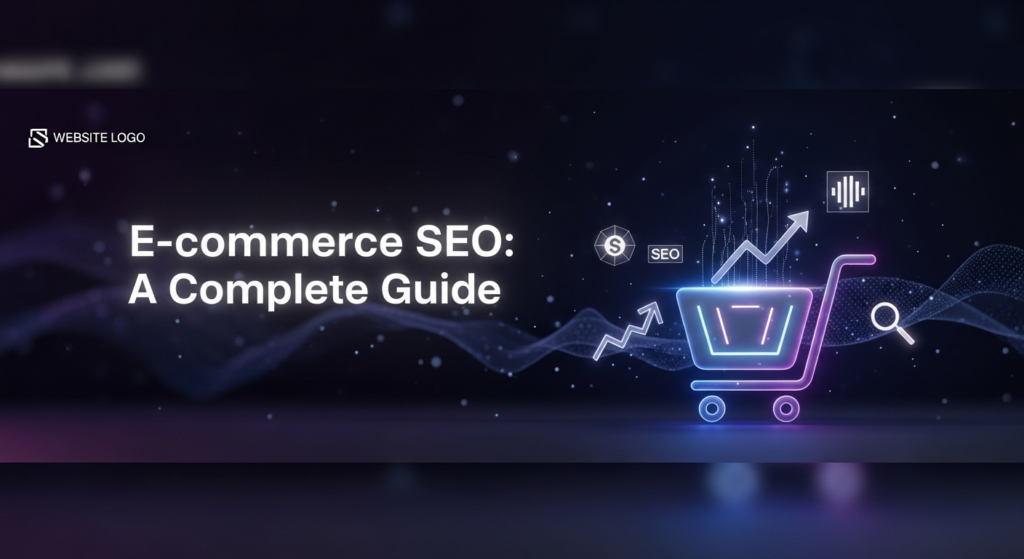 A dark, high-contrast digital illustration for an e-commerce SEO guide. A central, glowing, futuristic shopping cart icon is surrounded by abstract blue and purple data streams and subtle SEO graphics like an upward-trending graph. The title 'E-commerce SEO: A Complete Guide' glows above the cart. A subtle website logo is in the top-left corner, all against a dark gradient background.
