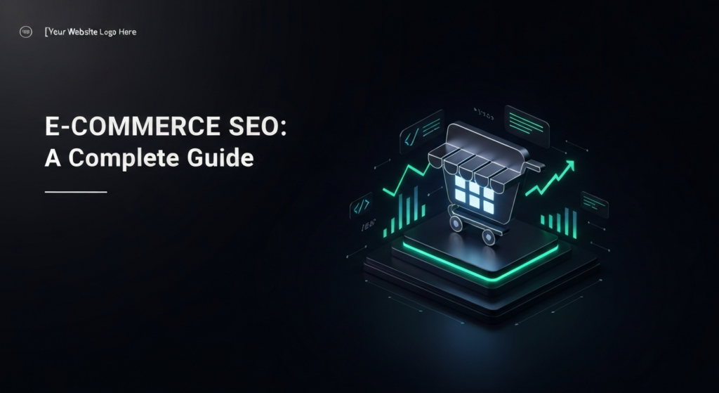 A dark, wide banner image featuring a glowing, minimalist 3D shopping cart icon, surrounded by abstract blue and green data lines and upward-trending arrows, symbolizing e-commerce SEO optimization. The image has high-contrast cinematic lighting and the text 'E-commerce SEO: A Complete Guide' overlaid.