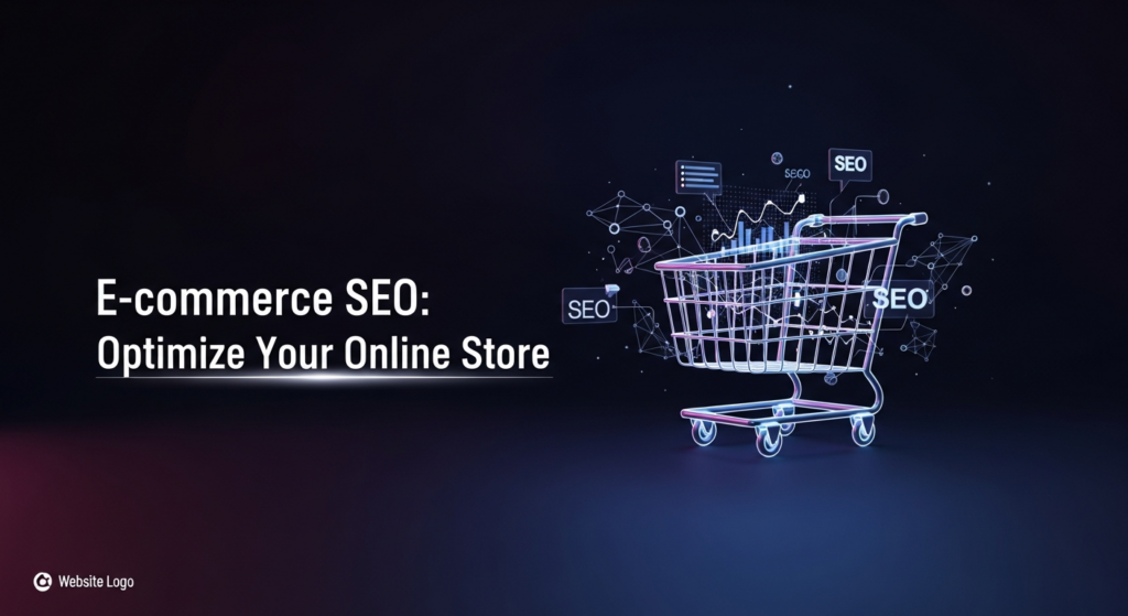 A dark, wide banner image for an e-commerce SEO guide. It features a glowing, futuristic shopping cart at its center, surrounded by abstract digital data streams and SEO graph elements, all illuminated with soft neon lights against a deep, dark gradient background. The text 'E-commerce SEO: Optimize Your Online Store' is overlaid, and a subtle website logo is in the bottom-left corner.