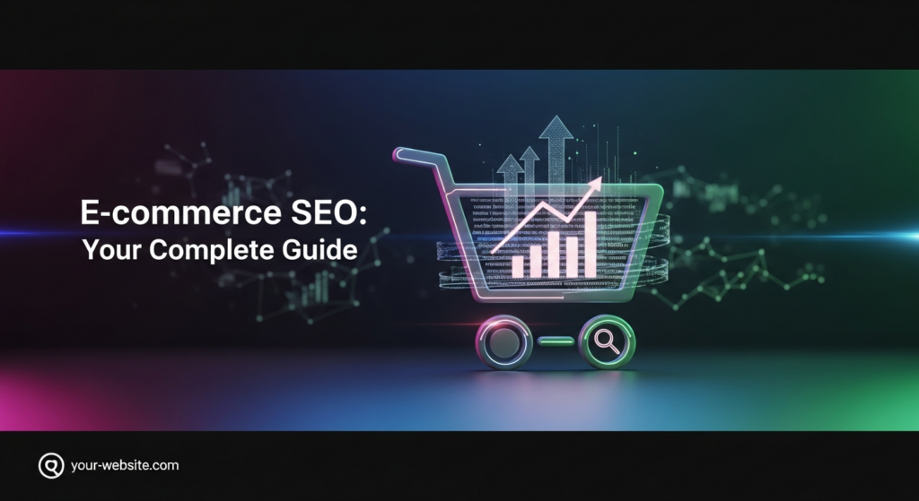 A dark-themed, wide banner image showing a stylized 3D shopping cart icon with integrated glowing data and SEO elements, centered on a dark gradient background. The text 'E-commerce SEO: Your Complete Guide.' is overlaid with a subtle glow, and a monochrome website logo placeholder is subtly placed in the bottom-left corner.