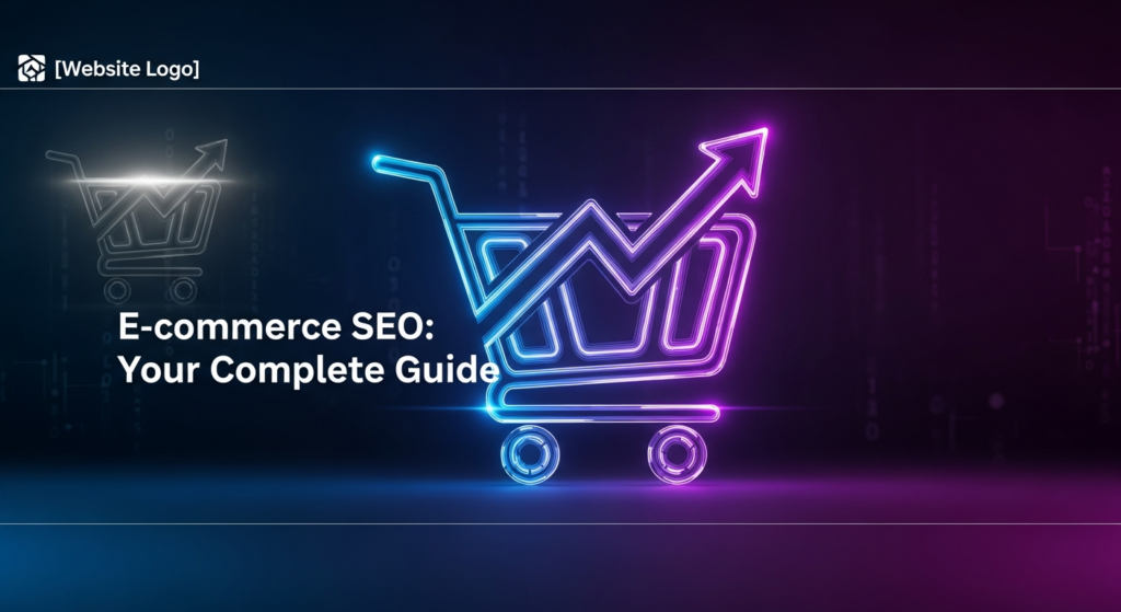 A dark, high-contrast banner image for e-commerce SEO, featuring a glowing abstract shopping cart icon made of neon blue and purple lines with an integrated upward arrow, symbolizing growth and optimization. The background is a deep gradient with subtle digital patterns. The text 'E-commerce SEO: Your Complete Guide' is centrally placed with a soft glow, and a monochrome website logo is subtly visible in the top-left corner. The style is modern, professional, and minimal.
