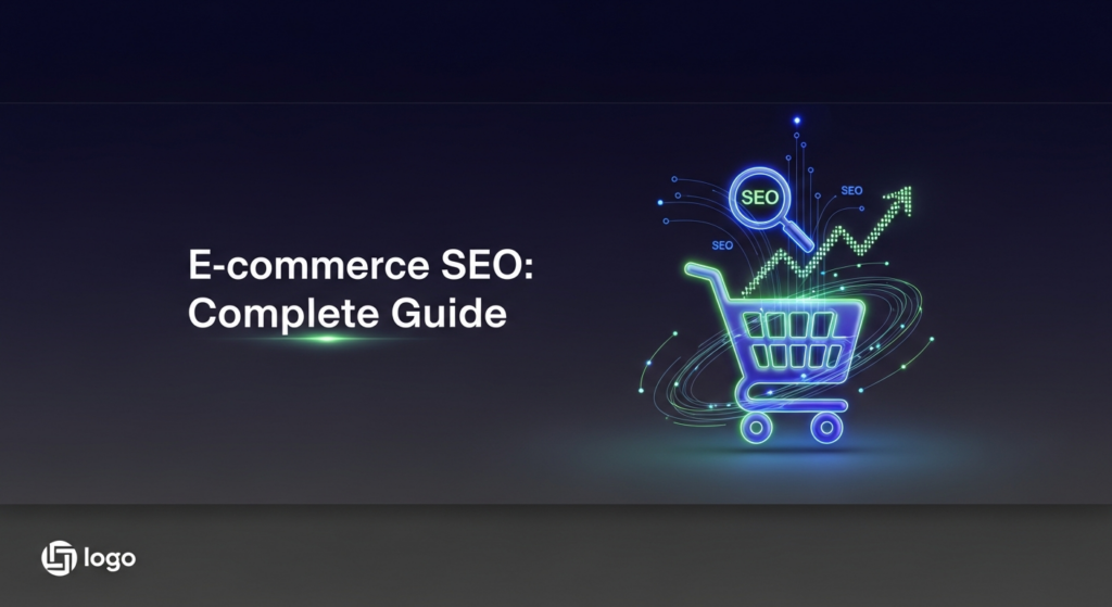 A wide banner image featuring a glowing, minimalist 3D shopping cart icon. The cart is integrated with subtle digital elements and data streams, representing e-commerce SEO optimization and growth. The background is a dark gradient of blues and purples, illuminated by soft neon green and electric blue highlights. The text 'E-commerce SEO: Complete Guide' is overlaid in a modern sans-serif font with a subtle glow. A website logo is subtly placed in the bottom-left corner.