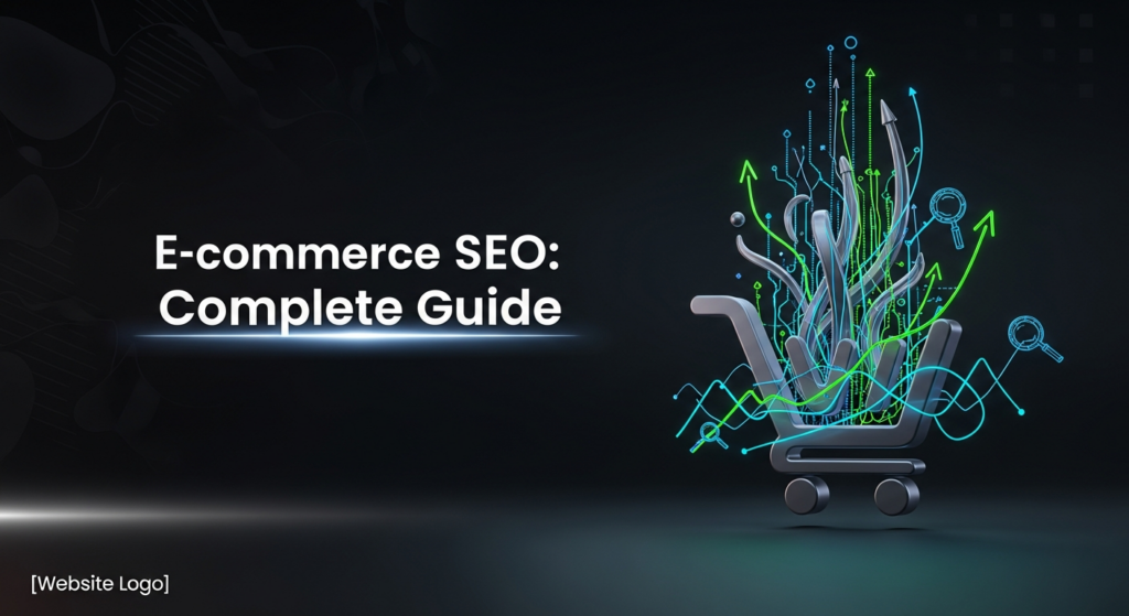 A dark, modern digital illustration featuring a glowing, abstract shopping cart surrounded by neon data lines and upward trend arrows, symbolizing e-commerce SEO. The text 'E-commerce SEO: Complete Guide' is overlaid. [Website Logo] is subtly placed in the corner.