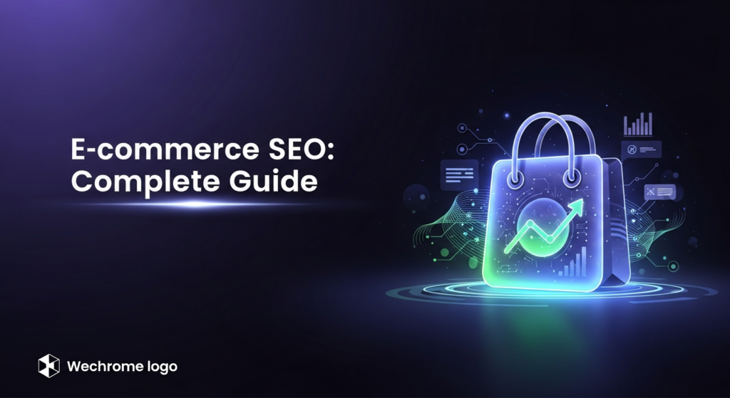A dark, wide banner image featuring a glowing, abstract e-commerce shopping bag icon with integrated data flow lines and an upward trend arrow, symbolizing search engine optimization and online store growth. The background is a minimalist dark gradient. The text 'E-commerce SEO: Complete Guide' is subtly highlighted in the top-left corner, and a monochrome website logo is in the bottom-left.
