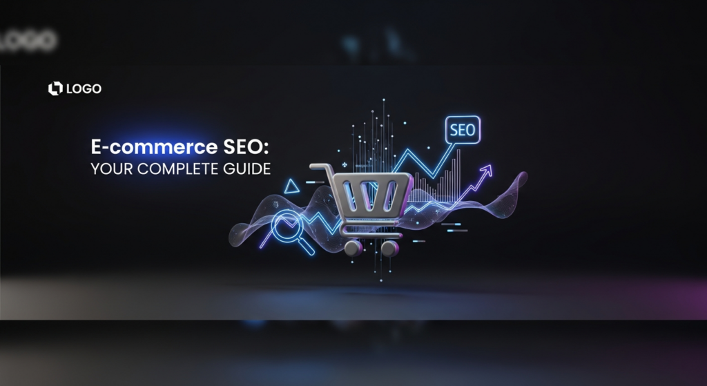 A dark, high-tech illustration featuring a stylized shopping cart integrated with glowing digital data, bar charts, and an SEO magnifying glass icon, representing e-commerce optimization. The image has cinematic lighting with blue and purple neon glow accents on a minimalist gradient background. The text 'E-commerce SEO: Your Complete Guide' is overlaid in a modern, glowing white font. A subtle monochrome logo is in the top-left corner. This image is a wide banner for a blog post.