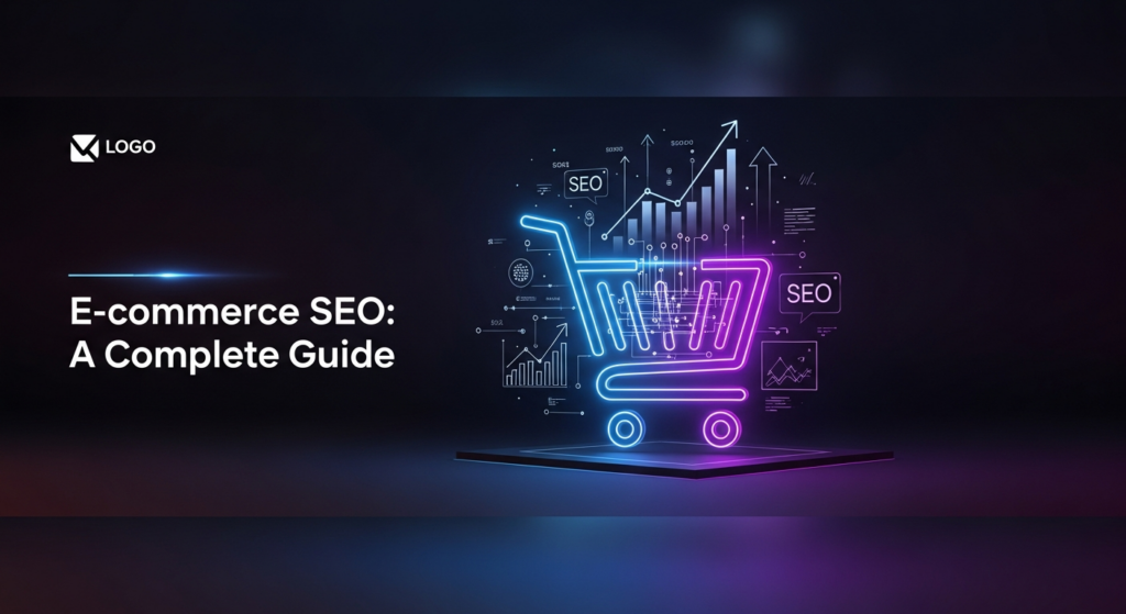A dark-themed, wide banner illustration featuring a glowing, abstract shopping cart icon surrounded by upward trending data graphs and code lines, symbolizing e-commerce SEO optimization and growth. The text overlay reads 'E-commerce SEO: A Complete Guide' with a subtle glow, and a website logo is in the top-left corner. The style is modern tech illustration with cinematic lighting and neon accents.