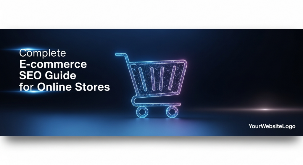 A dark-themed, minimalist banner image for an e-commerce SEO guide. It features a glowing, stylized 3D shopping cart icon composed of interconnected digital lines, emitting soft neon blue and purple light against a deep gradient background. The text 'Complete E-commerce SEO Guide for Online Stores' is subtly glowing in the top-left corner, and a monochromatic website logo is in the bottom-right.