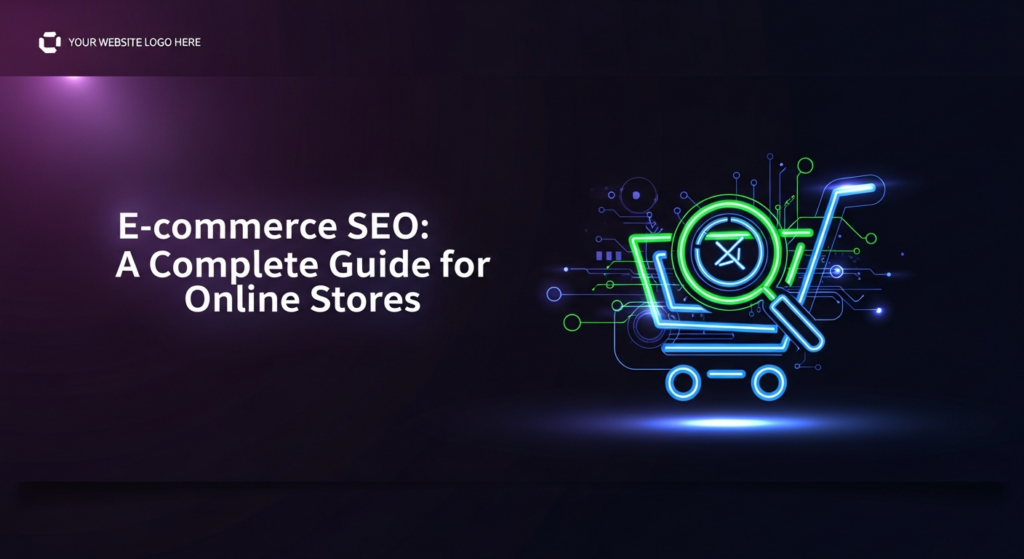 A dark-themed, wide banner image featuring a sleek, glowing shopping cart icon at the center. The cart is stylized with neon blue and green circuit lines and integrated with abstract digital data streams and subtle magnifying glass elements, symbolizing e-commerce SEO optimization for online stores. The background is a deep, dark gradient. Text overlay reads 'E-commerce SEO: A Complete Guide for Online Stores' in a modern white font with a soft glow. A subtle monochrome logo is in the top-left corner.