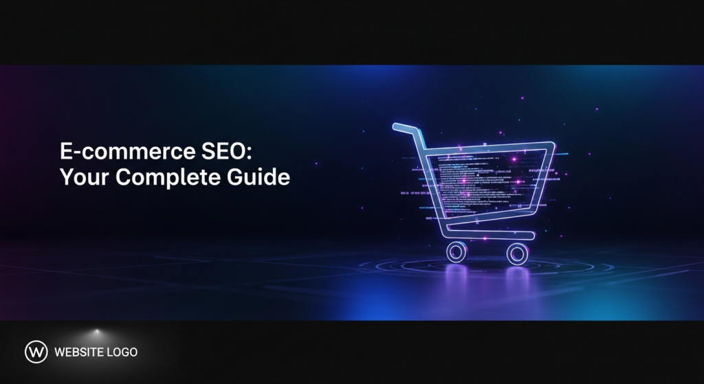 A dark-themed, minimalist banner image for an e-commerce SEO guide. It features a sleek, glowing digital shopping cart at its center, surrounded by subtle data visualizations and code snippets, symbolizing online store optimization. The background is a deep dark gradient with cinematic lighting and soft blue and purple glow accents. The title 'E-commerce SEO: Your Complete Guide' is overlaid in a modern glowing sans-serif font. A subtle monochrome website logo is placed in the bottom-left corner.