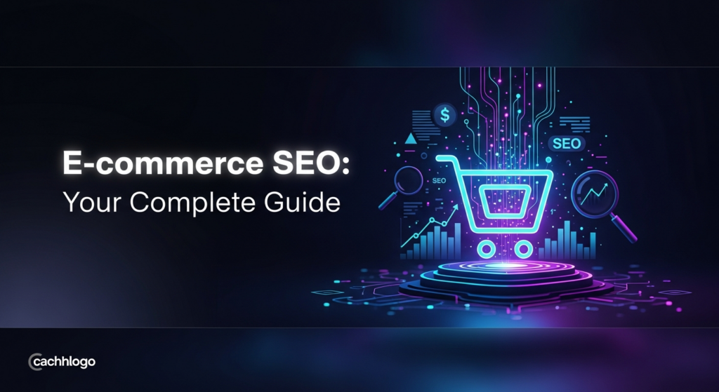 A dark, wide banner image for an e-commerce SEO guide. It features a glowing, stylized shopping cart icon at its center, subtly integrated with abstract digital elements like upward-trending graphs, data lines, and a magnifying glass, all highlighted with soft neon blue and purple glows. The text 'E-commerce SEO: Your Complete Guide' is prominently displayed in glowing white, and a monochrome website logo is in the bottom-left corner. The background is a dark gradient, emphasizing a modern, professional, and high-tech feel suitable for dark mode.