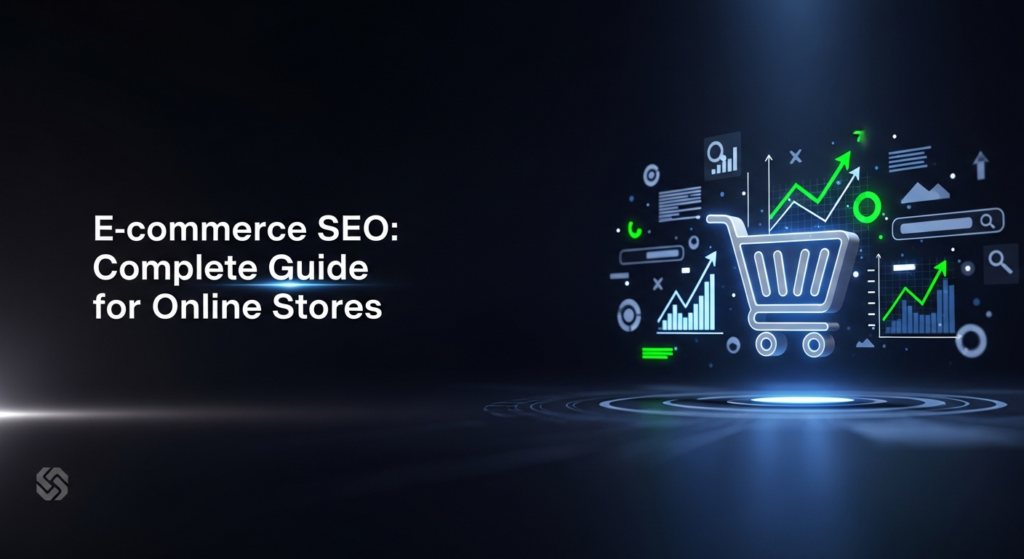A dark, high-contrast banner image depicting a glowing, futuristic shopping cart with abstract data lines and search elements radiating from it, symbolizing e-commerce SEO optimization. The text 'E-commerce SEO: Complete Guide for Online Stores' is clearly visible in white with a subtle blue glow, and a monochrome website logo is subtly placed in the bottom-left corner.