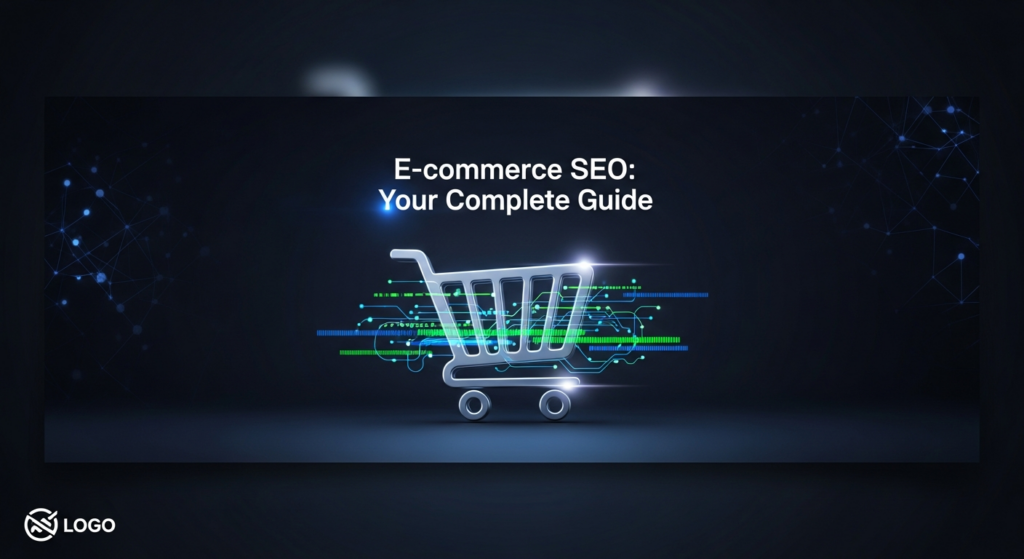A dark-themed image of a sleek, minimalist glowing shopping cart surrounded by abstract neon blue and green data streams and lines, symbolizing e-commerce SEO optimization. The text 'E-commerce SEO: Your Complete Guide' is subtly illuminated, and a website logo is in the bottom-left corner. The image has a high-contrast, professional, and futuristic look suitable for a dark-mode website.