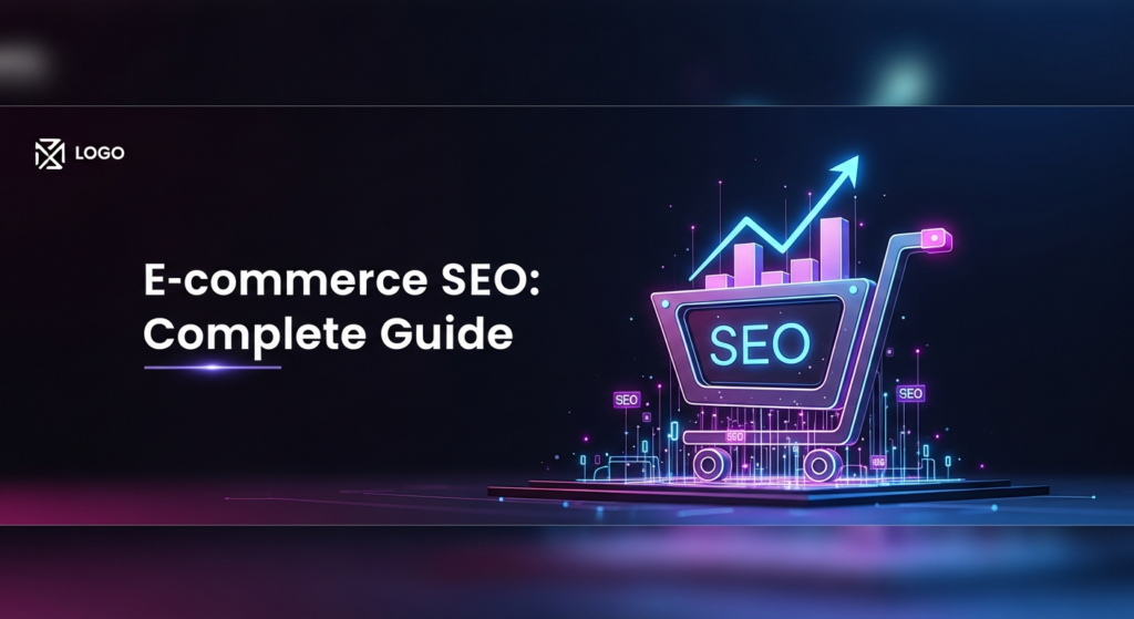 A dark, wide banner image showing a stylized glowing shopping cart icon with subtle upward-trending graph elements, representing e-commerce SEO optimization. The image has cinematic lighting with soft blue and purple neon glows on a dark gradient background. Overlay text reads 'E-commerce SEO: Complete Guide' in a modern sans-serif font, and a minimalist website logo is subtly placed in the top-left corner.