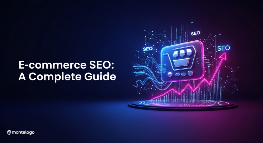 A dark-themed banner image featuring an abstract, glowing 3D icon of an online store or shopping cart surrounded by digital SEO elements like upward graphs and data streams. The text 'E-commerce SEO: A Complete Guide' is prominently displayed with a subtle glow, and a website logo is subtly placed in the corner, conveying online store optimization and digital growth.