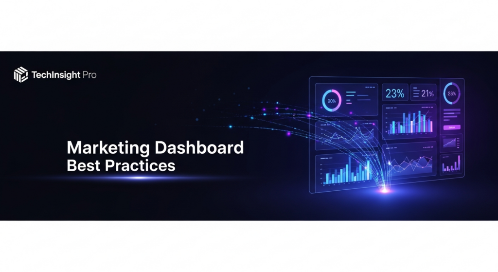 A minimalist, dark-themed digital illustration of a glowing holographic marketing dashboard with abstract charts and graphs, representing data-driven decisions. The image features electric blue and purple neon lights against a deep gradient background. Text overlay reads 'Marketing Dashboard Best Practices'. A subtle 'TechInsight Pro' logo is in the top-left corner.