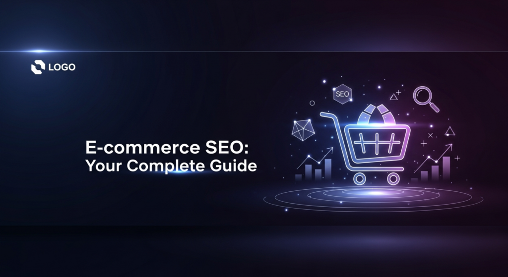 A dark-themed blog featured image for e-commerce SEO, showing a glowing, stylized shopping cart icon surrounded by abstract data points, a magnifying glass, and upward-trending graphs. The text overlay reads 'E-commerce SEO: Your Complete Guide'. A subtle website logo is in the top-left corner.