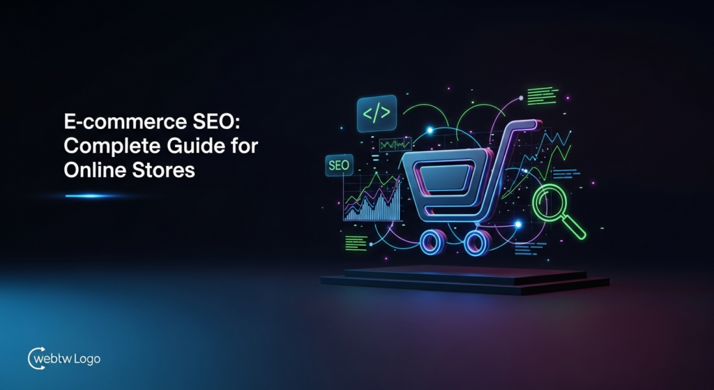 A modern, dark-themed digital illustration featuring a glowing abstract shopping cart icon seamlessly integrated with interconnected SEO data elements like graph lines and a magnifying glass, representing e-commerce optimization. The image has a wide banner format, cinematic lighting with neon blue and purple accents, and the text 'E-commerce SEO: Complete Guide for Online Stores' with a subtle glow.