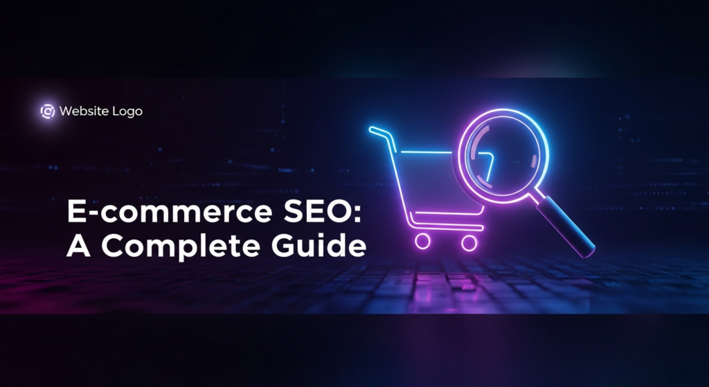 A dark, cinematic blog featured image depicting a glowing, modern shopping cart connected by subtle data lines to an illuminated magnifying glass, representing e-commerce SEO. The text overlay reads 'E-commerce SEO: A Complete Guide'. A subtle website logo is in the top-left corner.