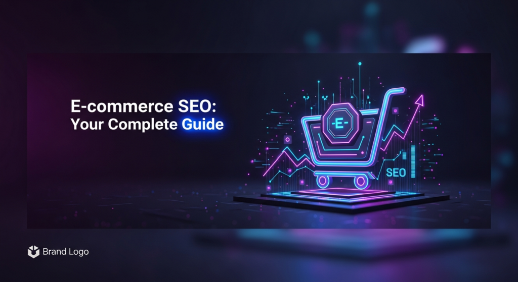 A dark-themed wide banner image for an e-commerce SEO guide. It features a glowing, stylized shopping cart icon at its center, made of blue and purple neon lines, integrated with abstract digital data streams forming an upward trend. The background is a deep, dark gradient. The text overlay reads 'E-commerce SEO: Your Complete Guide' in a modern sans-serif font with a subtle glow. A subtle monochromatic brand logo is in the bottom-left corner.