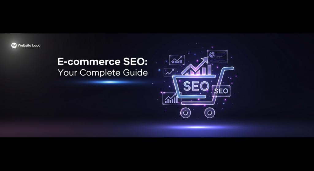 A dark-themed digital illustration for an e-commerce SEO guide. It features a glowing, sleek shopping cart icon at the center, intertwined with subtle upward trend arrows and data visualizations, representing SEO optimization for online stores. The image has cinematic lighting with neon glow accents against a dark gradient background. The text 'E-commerce SEO: Your Complete Guide' is overlaid in a modern sans-serif font with a subtle glow. A small, monochrome website logo is in the top-left corner. The overall design is minimal, professional, and tech-inspired.