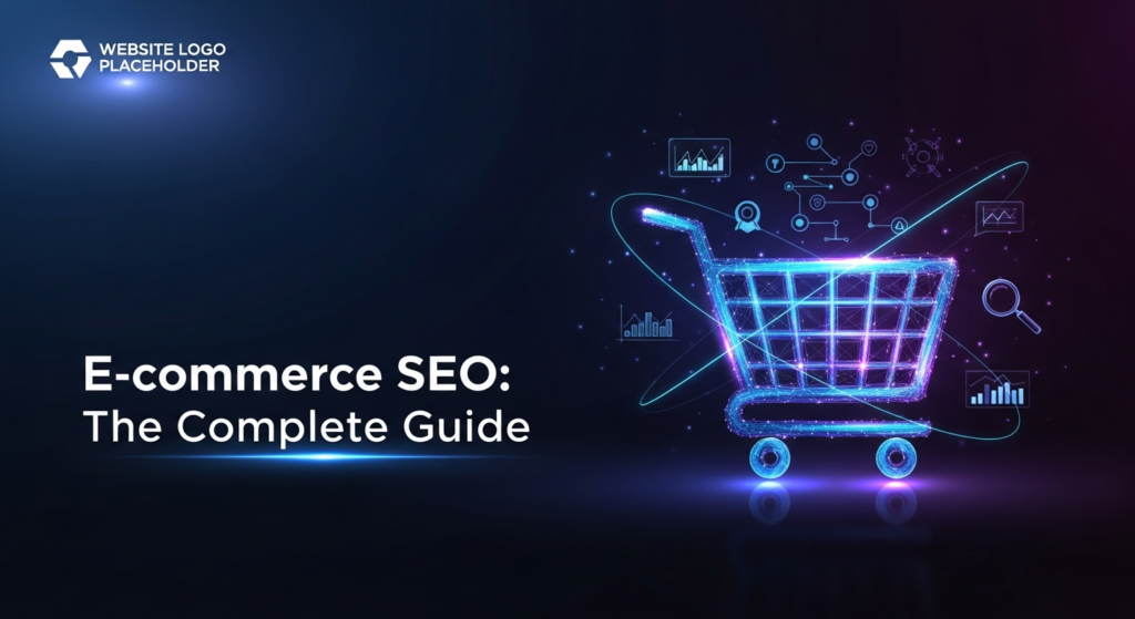 A dark-themed digital illustration for E-commerce SEO. A central, glowing, minimalist shopping cart icon is surrounded by subtle data graphs, a magnifying glass, and algorithm patterns, all illuminated by soft neon light against a deep gradient background. The text 'E-commerce SEO: The Complete Guide' is overlaid in a modern, glowing font. A monochrome website logo placeholder is subtly placed in the top-left corner. The image has a wide banner composition with cinematic high-contrast lighting, a modern tech style, and a premium, uncluttered look for a dark-mode website.
