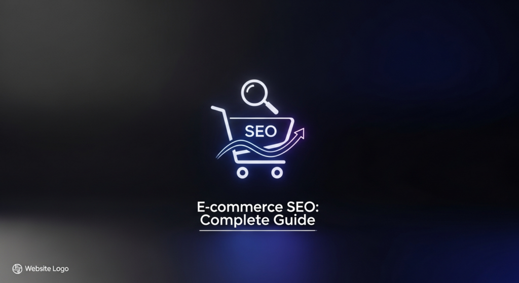 A minimalist, dark-themed banner image for an e-commerce SEO guide. It features a glowing, abstract shopping cart icon overlaid with subtle blue and purple neon highlights, representing optimization and growth. The background is a dark gradient. The title 'E-commerce SEO: Complete Guide' is prominently displayed in a modern sans-serif font with a soft glow. A subtle website logo is in the bottom-left corner.