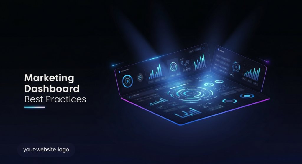 A futuristic, dark-themed blog banner showing a glowing marketing dashboard interface with holographic data visualizations and charts, representing data-driven decision making. The text 'Marketing Dashboard Best Practices' is overlaid, and a subtle website logo is in the bottom-left corner.