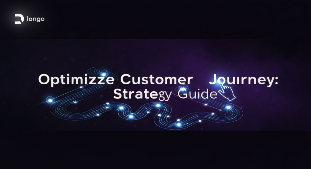 A dark-themed digital illustration showing a glowing, winding blue and purple path with subtle touchpoint nodes, representing a customer journey. A translucent, glowing hand icon subtly interacts with the path, symbolizing optimization. The background is a dark gradient. Centered is the text 'Optimize Customer Journey: Strategy Guide' with a soft glow. A subtle monochrome logo is in the top-left corner. The image is designed for a dark-mode website.